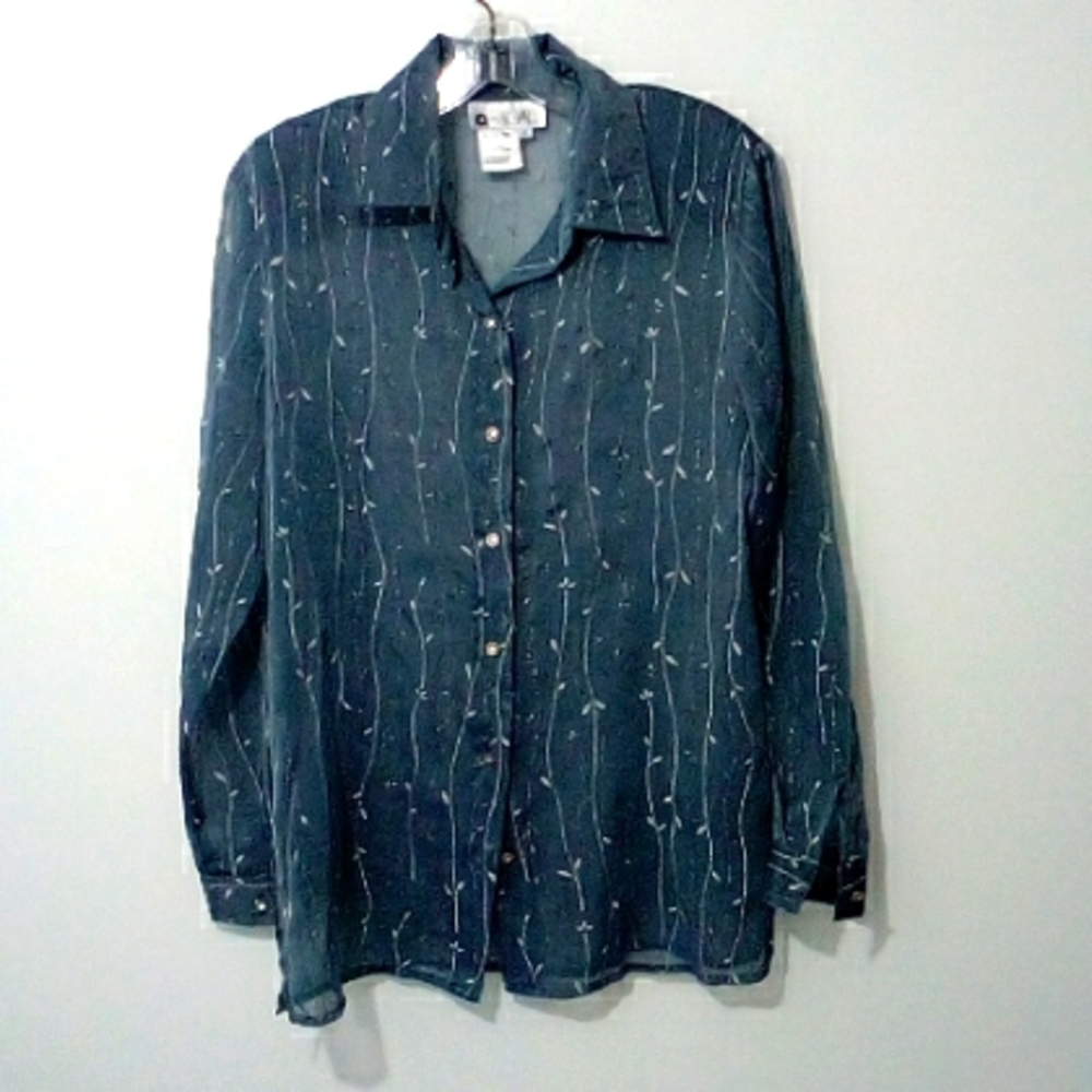 Grey blue shear long sleeve button down blouse with white and silver spa…